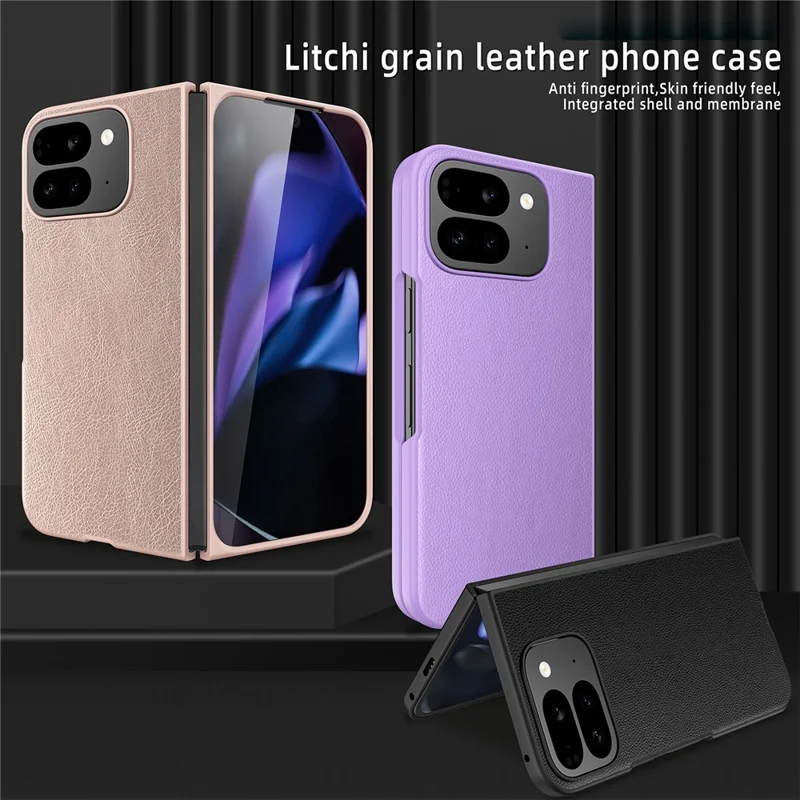 For Google Pixel 10 Pro Fold Case PU Leather PC Litchi Coated Phone Cover with Screen  /  Lens Film  - Gold