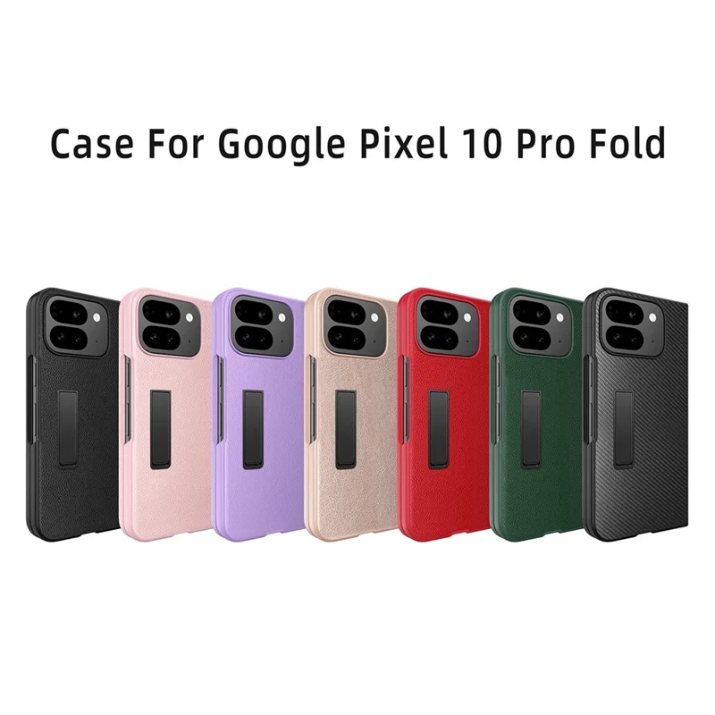 For Google Pixel 10 Pro Fold Case Litchi Texture PU+PC Invisible Kickstand Phone Cover with Screen  /  Lens Film - Texture Black
