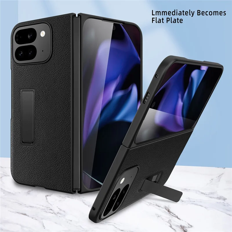 For Google Pixel 10 Pro Fold Case Litchi Texture PU+PC Invisible Kickstand Phone Cover with Screen  /  Lens Film - Texture Black
