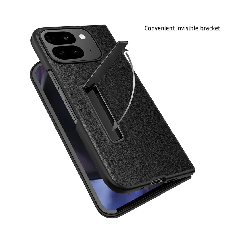 For Google Pixel 10 Pro Fold Case Litchi Texture PU+PC Invisible Kickstand Phone Cover with Screen  /  Lens Film - Texture Black