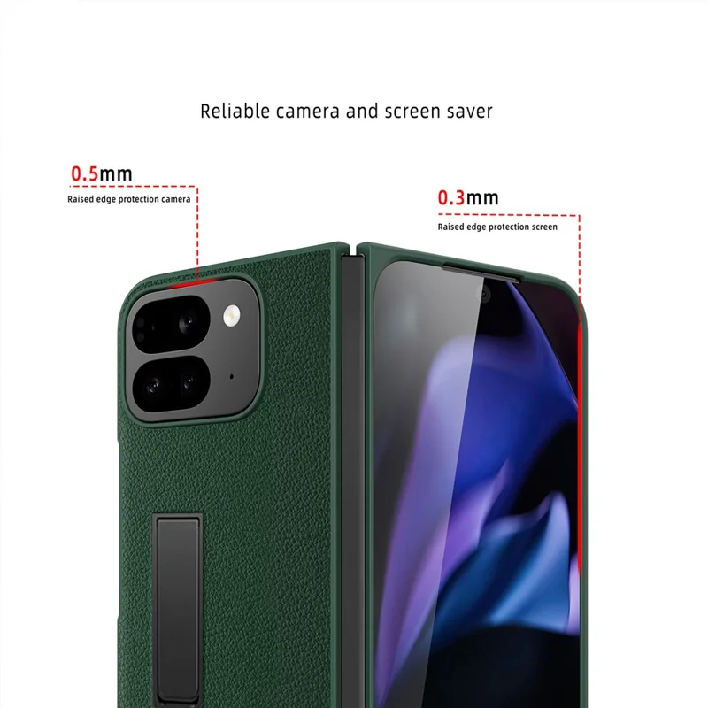 For Google Pixel 10 Pro Fold Case Litchi Texture PU+PC Invisible Kickstand Phone Cover with Screen  /  Lens Film - Texture Black