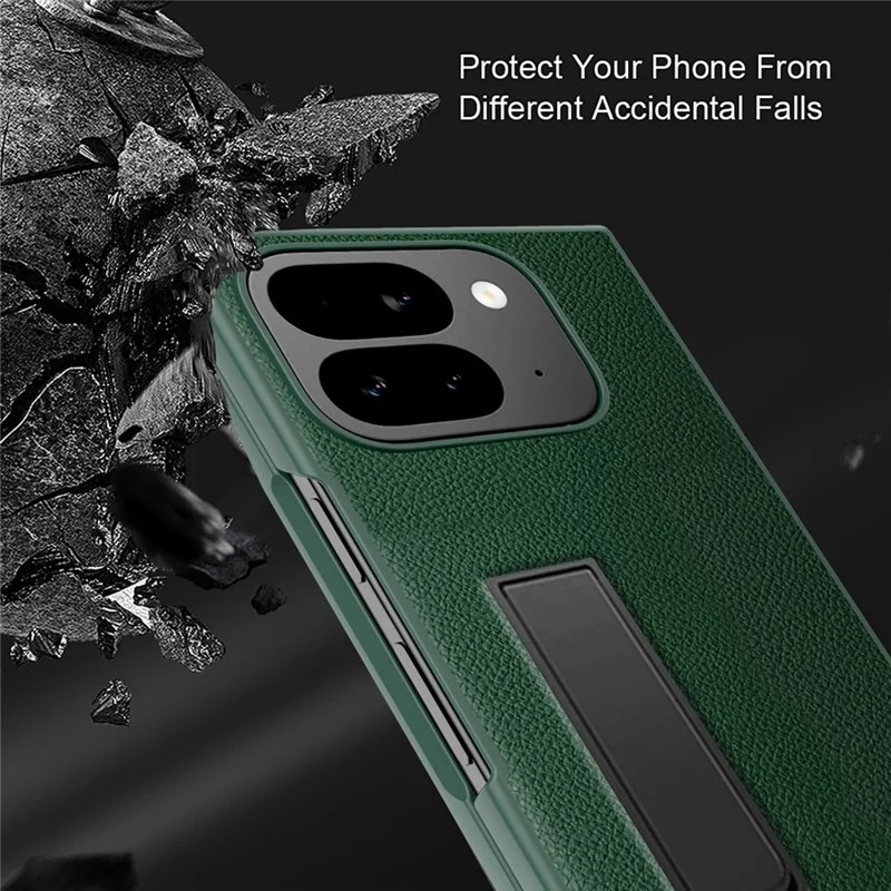 For Google Pixel 10 Pro Fold Case Litchi Texture PU+PC Invisible Kickstand Phone Cover with Screen  /  Lens Film - Texture Black