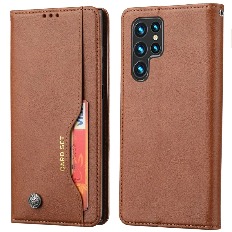 For Samsung Galaxy S26 Ultra Cell Phone Case Magnetic Closing PU Leather Stand Cover - Light Brown