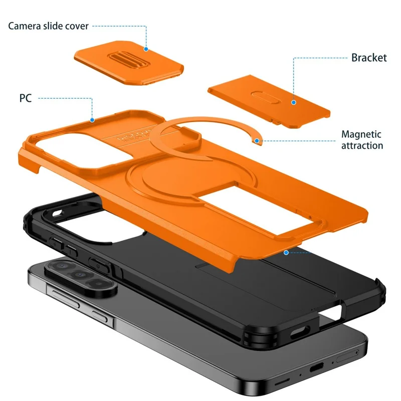 For Samsung Galaxy A57 5G Magnetic Case Kickstand Camera Slider PC + TPU Phone Cover - Orange