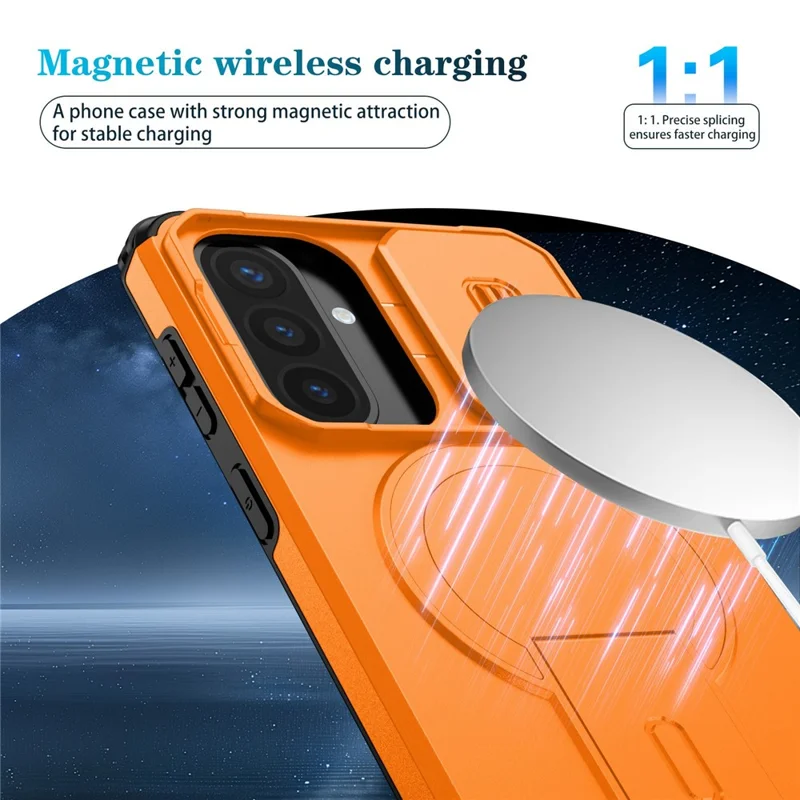 For Samsung Galaxy A57 5G Magnetic Case Kickstand Camera Slider PC + TPU Phone Cover - Orange