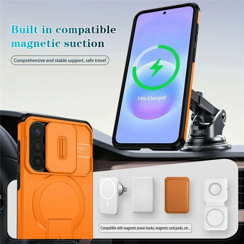 For Samsung Galaxy A57 5G Magnetic Case Kickstand Camera Slider PC + TPU Phone Cover - Orange