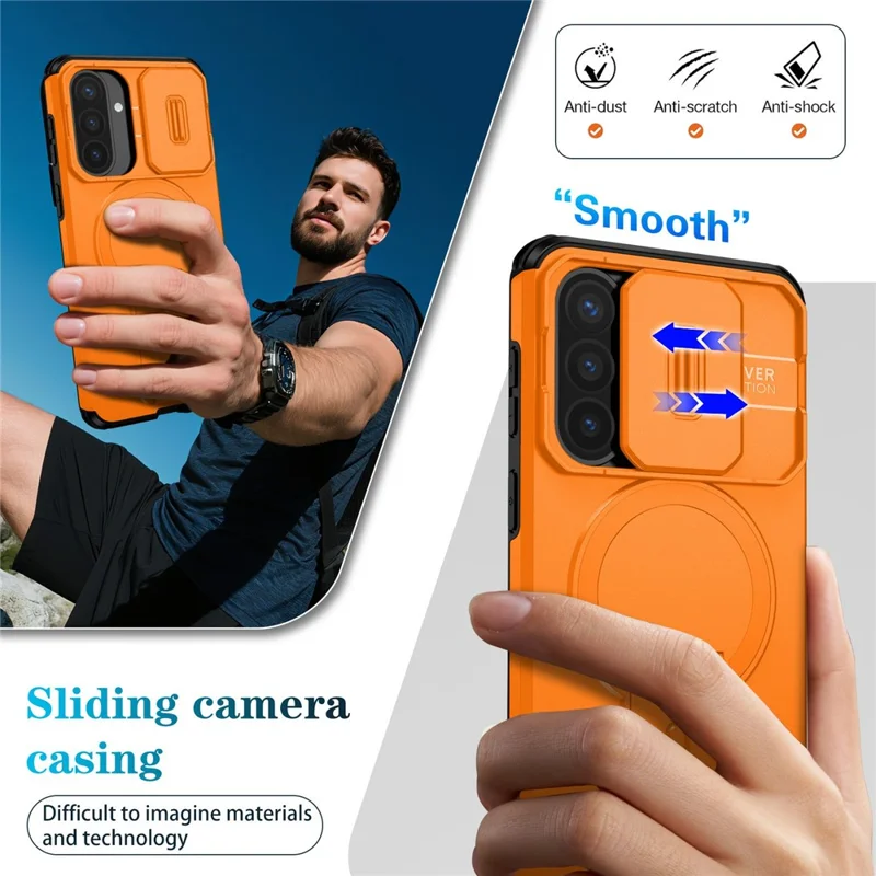 For Samsung Galaxy A57 5G Magnetic Case Kickstand Camera Slider PC + TPU Phone Cover - Orange
