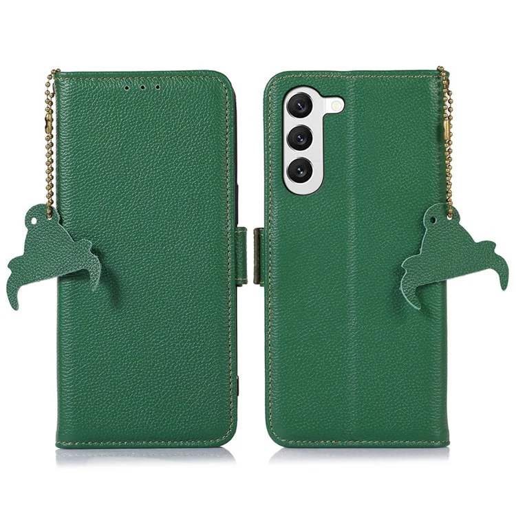 Genuine Leather Case for Samsung Galaxy S23+, Side Magnetic Closure Phone Case RFID Blocking Wallet Phone Cover with Stand - Green