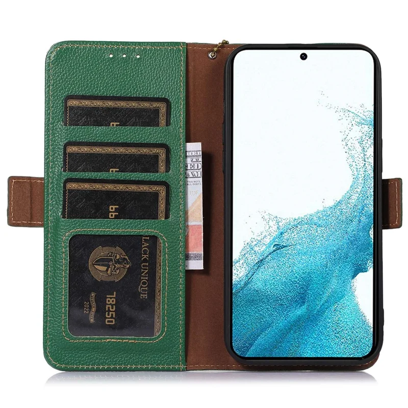 Genuine Leather Case for Samsung Galaxy S23+, Side Magnetic Closure Phone Case RFID Blocking Wallet Phone Cover with Stand - Green