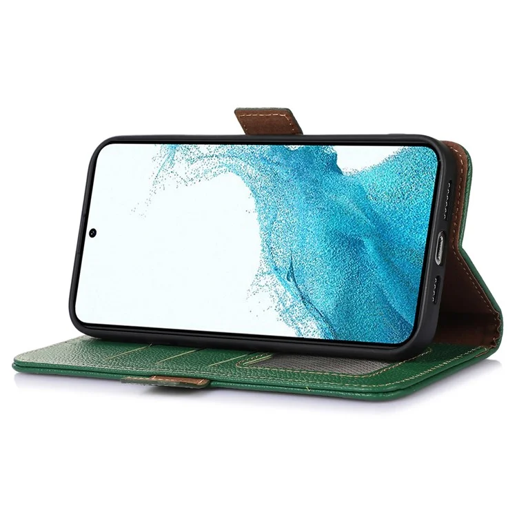 Genuine Leather Case for Samsung Galaxy S23+, Side Magnetic Closure Phone Case RFID Blocking Wallet Phone Cover with Stand - Green