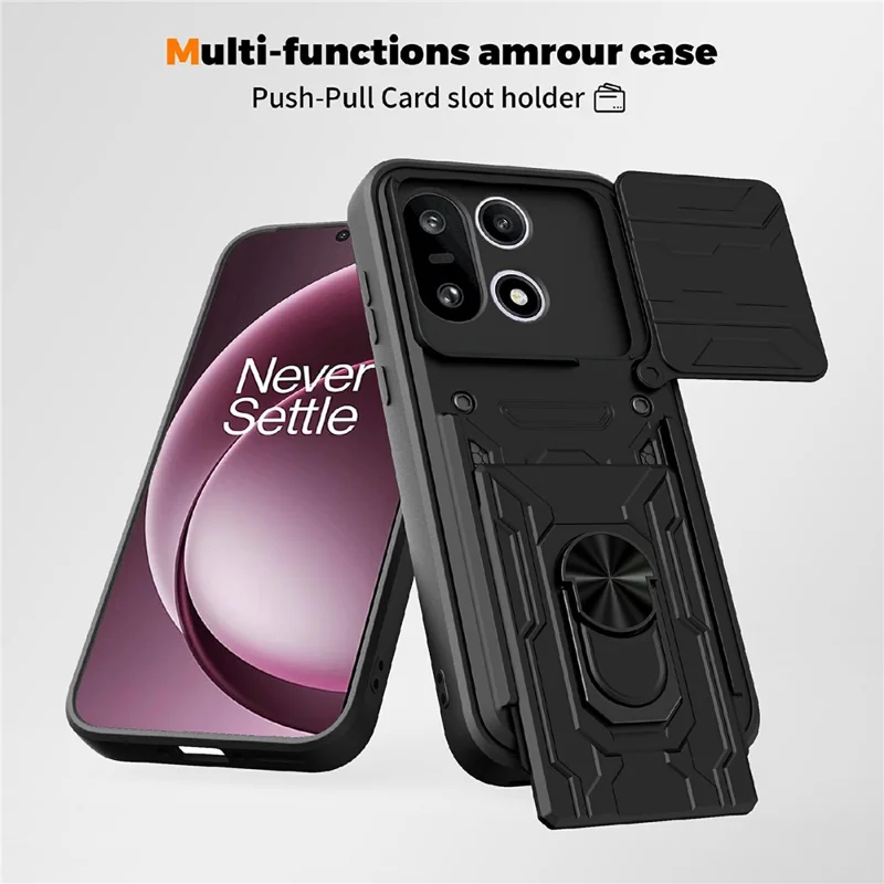For OnePlus 15 5G Case PC + TPU Kickstand Phone Back Cover with Camera Slider - Black