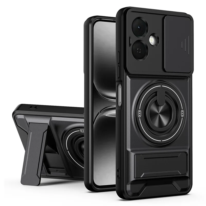For TECNO Pop 10 Magnetic Case Ring Holder Foldable Kickstand TPU PC Phone Cover with Camera Lens Slider - Black