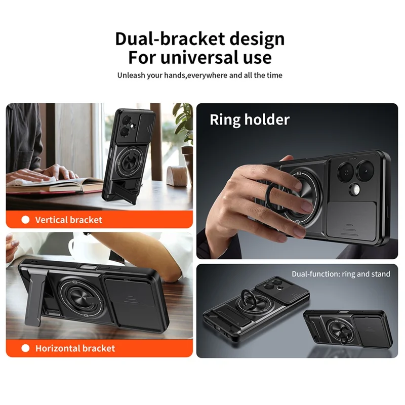For TECNO Pop 10 Magnetic Case Ring Holder Foldable Kickstand TPU PC Phone Cover with Camera Lens Slider - Black