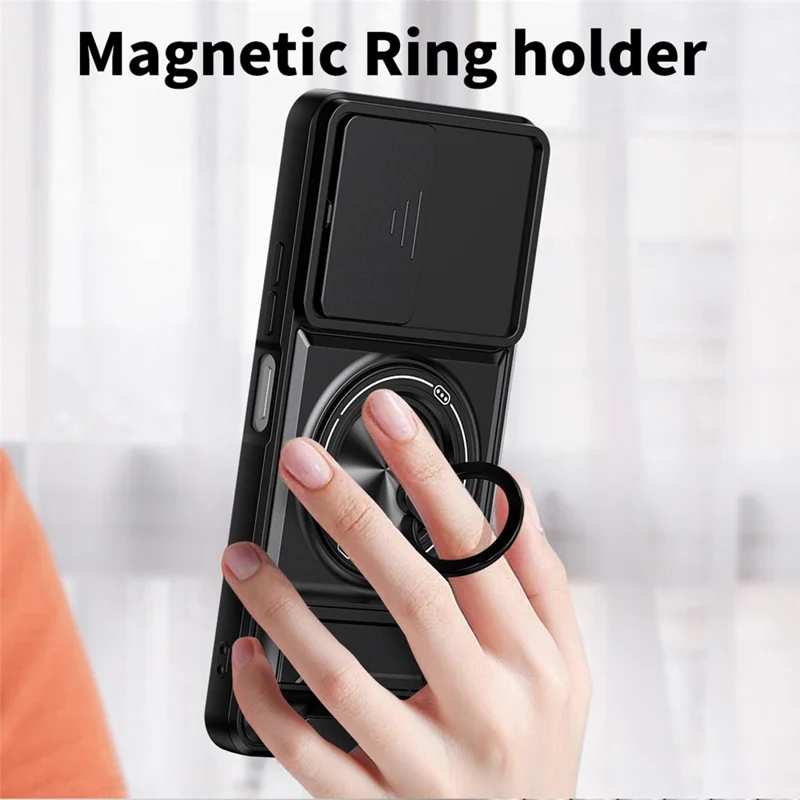 For TECNO Pop 10 Magnetic Case Ring Holder Foldable Kickstand TPU PC Phone Cover with Camera Lens Slider - Black