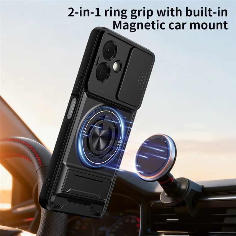 For TECNO Pop 10 Magnetic Case Ring Holder Foldable Kickstand TPU PC Phone Cover with Camera Lens Slider - Black