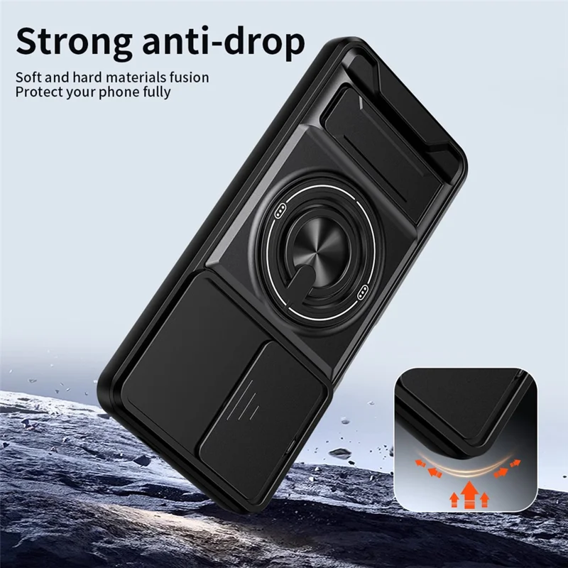 For TECNO Pop 10 Magnetic Case Ring Holder Foldable Kickstand TPU PC Phone Cover with Camera Lens Slider - Black