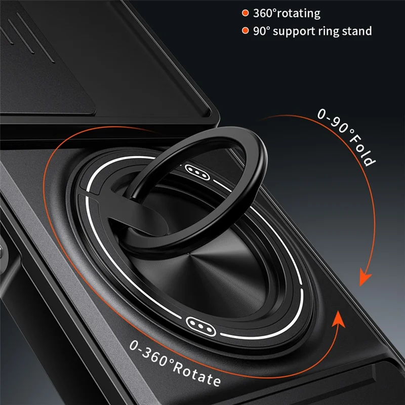 For TECNO Pop 10 Magnetic Case Ring Holder Foldable Kickstand TPU PC Phone Cover with Camera Lens Slider - Black