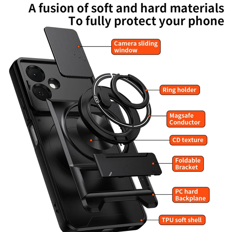 For TECNO Pop 10 Magnetic Case Ring Holder Foldable Kickstand TPU PC Phone Cover with Camera Lens Slider - Black