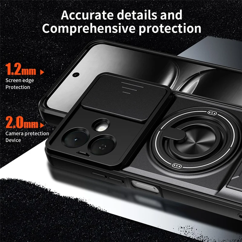 For TECNO Pop 10 Magnetic Case Ring Holder Foldable Kickstand TPU PC Phone Cover with Camera Lens Slider - Black