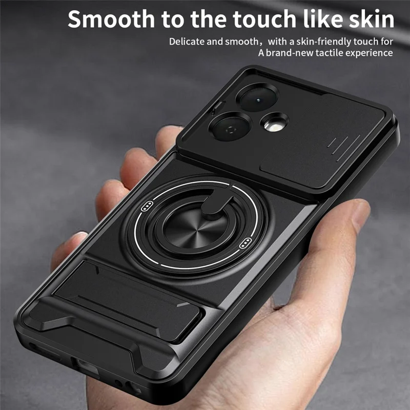 For TECNO Pop 10 Magnetic Case Ring Holder Foldable Kickstand TPU PC Phone Cover with Camera Lens Slider - Black
