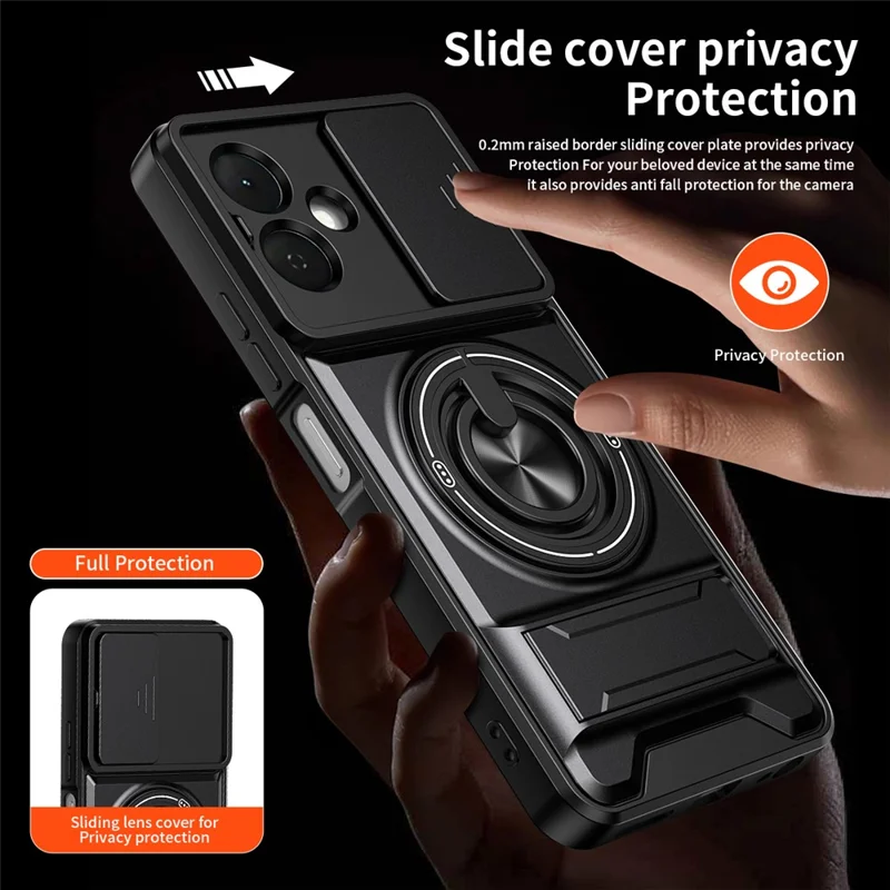 For TECNO Pop 10 Magnetic Case Ring Holder Foldable Kickstand TPU PC Phone Cover with Camera Lens Slider - Black