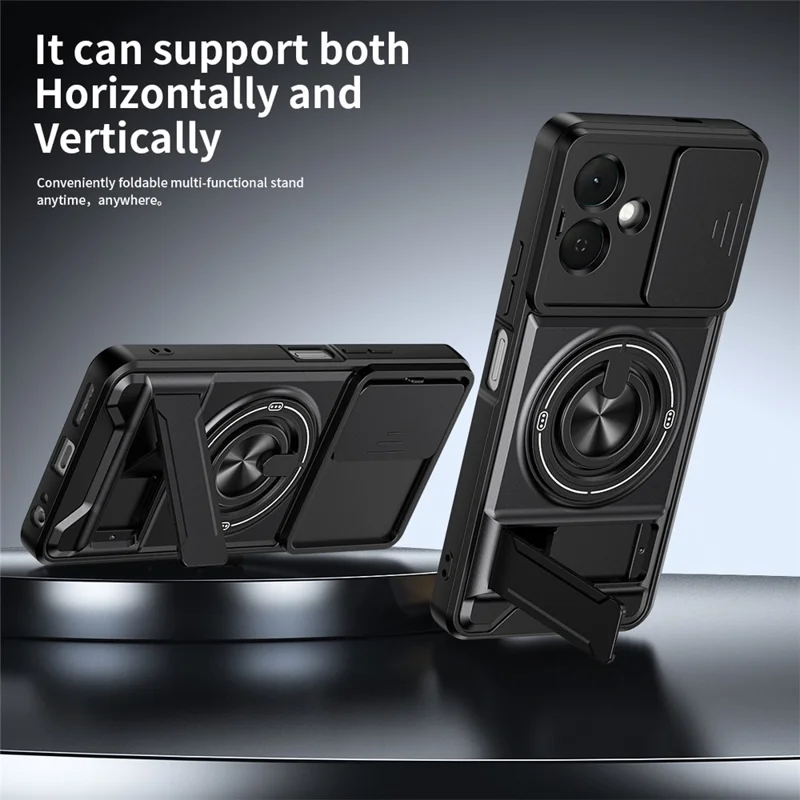 For TECNO Pop 10 Magnetic Case Ring Holder Foldable Kickstand TPU PC Phone Cover with Camera Lens Slider - Black