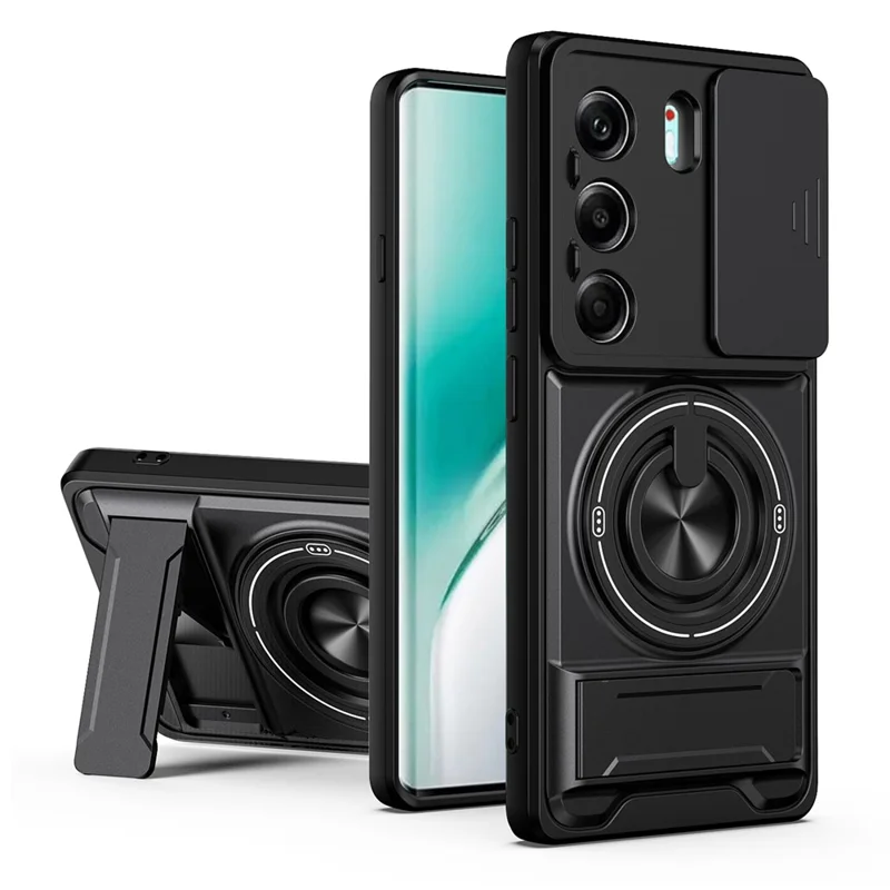 For TECNO Camon 40 Pro 4G Magnetic Case Ring Holder Foldable Kickstand TPU PC Phone Cover with Camera Lens Slider - Black