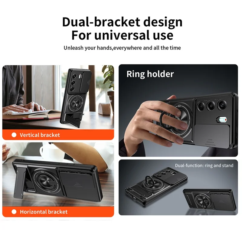 For TECNO Camon 40 Pro 4G Magnetic Case Ring Holder Foldable Kickstand TPU PC Phone Cover with Camera Lens Slider - Black