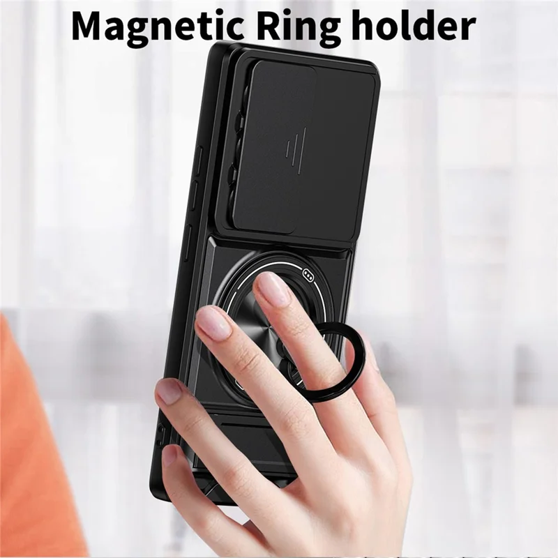 For TECNO Camon 40 Pro 4G Magnetic Case Ring Holder Foldable Kickstand TPU PC Phone Cover with Camera Lens Slider - Black