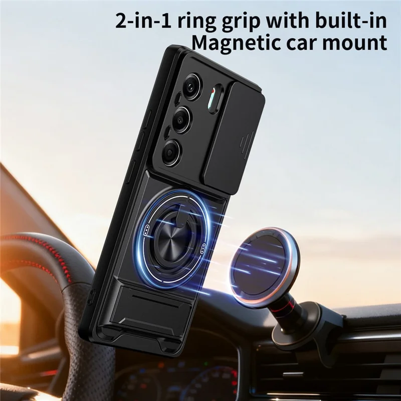 For TECNO Camon 40 Pro 4G Magnetic Case Ring Holder Foldable Kickstand TPU PC Phone Cover with Camera Lens Slider - Black