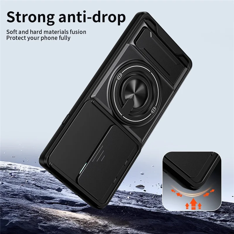 For TECNO Camon 40 Pro 4G Magnetic Case Ring Holder Foldable Kickstand TPU PC Phone Cover with Camera Lens Slider - Black