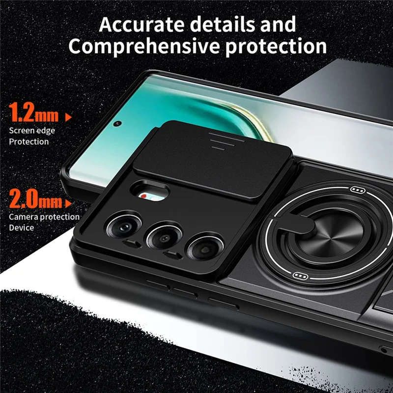 For TECNO Camon 40 Pro 4G Magnetic Case Ring Holder Foldable Kickstand TPU PC Phone Cover with Camera Lens Slider - Black