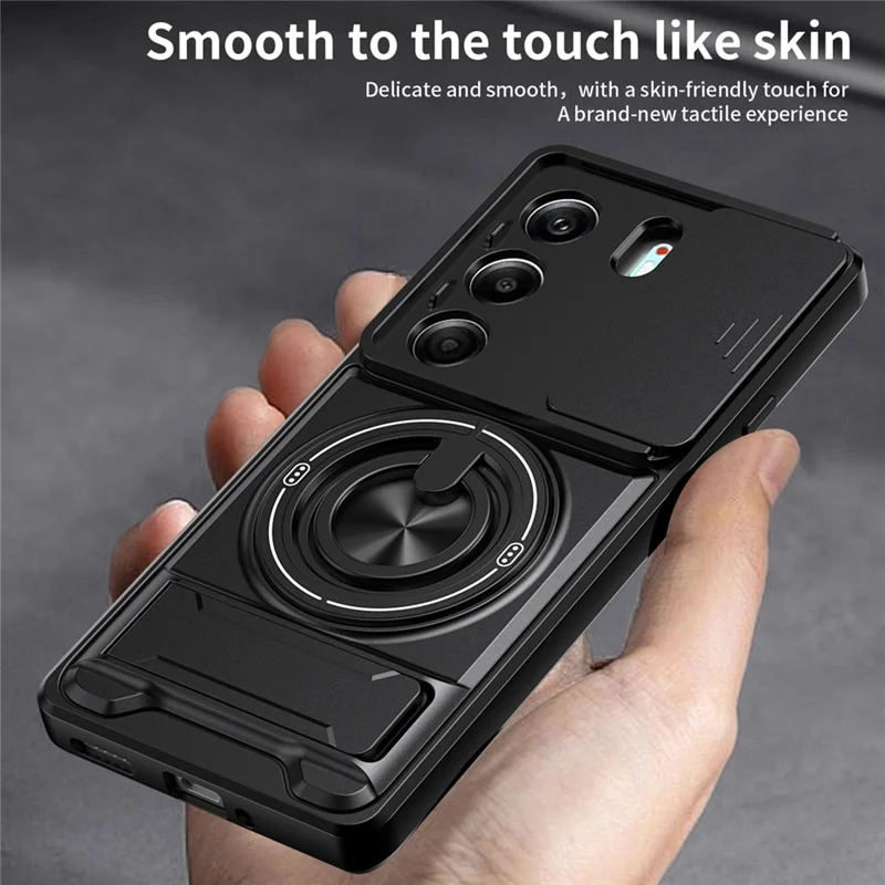 For TECNO Camon 40 Pro 4G Magnetic Case Ring Holder Foldable Kickstand TPU PC Phone Cover with Camera Lens Slider - Black