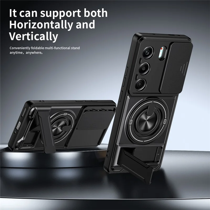 For TECNO Camon 40 Pro 4G Magnetic Case Ring Holder Foldable Kickstand TPU PC Phone Cover with Camera Lens Slider - Black
