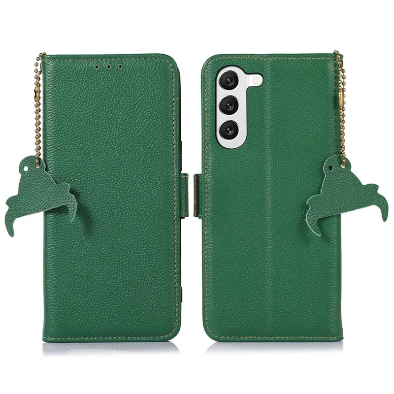 Genuine Leather Case for Samsung Galaxy S23, Full Protection Side Magnetic Closure Phone Case RFID Blocking Wallet Phone Cover with Stand - Green