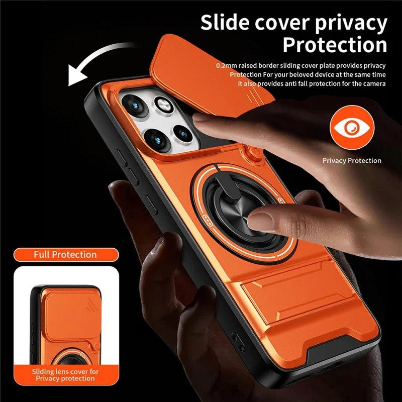 For Motorola Edge 50 Neo 5G Magnetic Case Ring Holder Foldable Kickstand TPU PC Phone Cover with Camera Lens Slider - Orange