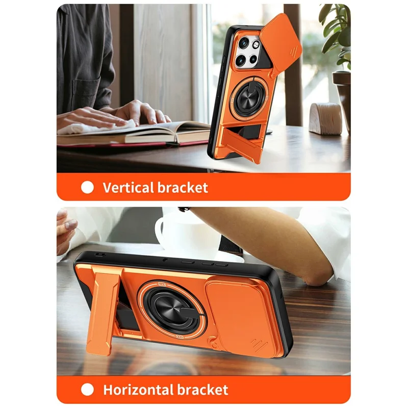 For Motorola Edge 50 Neo 5G Magnetic Case Ring Holder Foldable Kickstand TPU PC Phone Cover with Camera Lens Slider - Orange