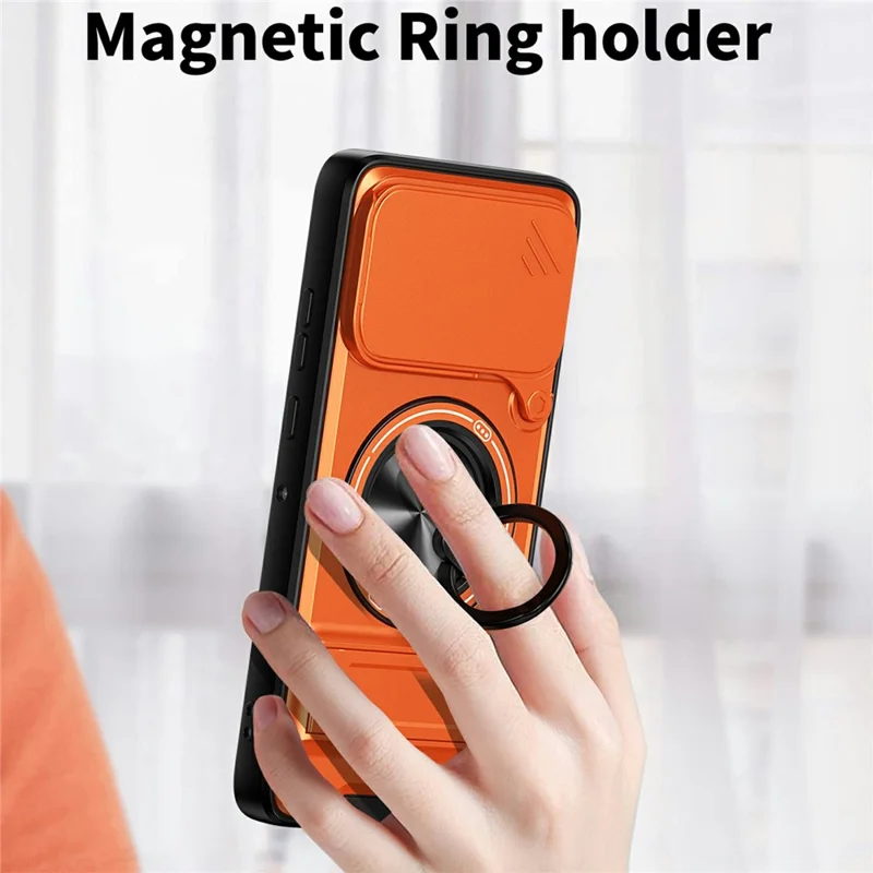 For Motorola Edge 50 Neo 5G Magnetic Case Ring Holder Foldable Kickstand TPU PC Phone Cover with Camera Lens Slider - Orange