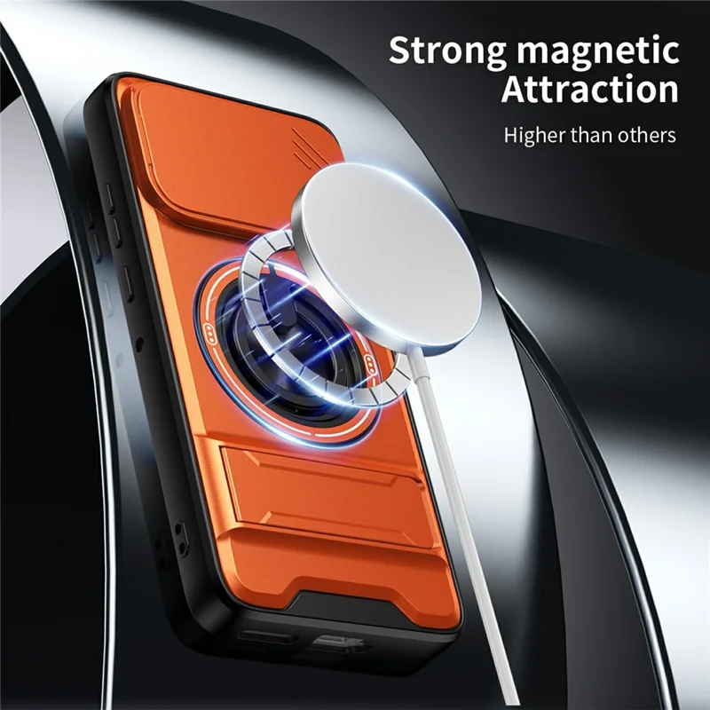 For Motorola Edge 50 Neo 5G Magnetic Case Ring Holder Foldable Kickstand TPU PC Phone Cover with Camera Lens Slider - Orange