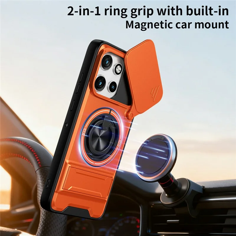 For Motorola Edge 50 Neo 5G Magnetic Case Ring Holder Foldable Kickstand TPU PC Phone Cover with Camera Lens Slider - Orange