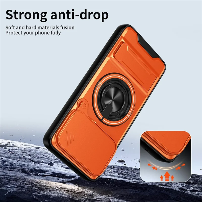 For Motorola Edge 50 Neo 5G Magnetic Case Ring Holder Foldable Kickstand TPU PC Phone Cover with Camera Lens Slider - Orange