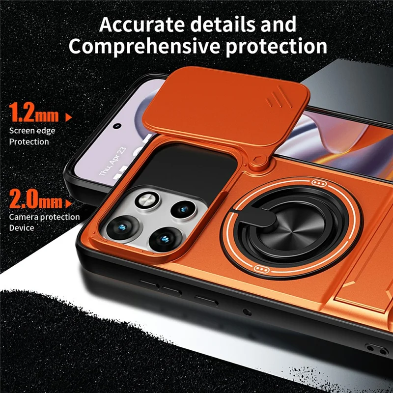 For Motorola Edge 50 Neo 5G Magnetic Case Ring Holder Foldable Kickstand TPU PC Phone Cover with Camera Lens Slider - Orange