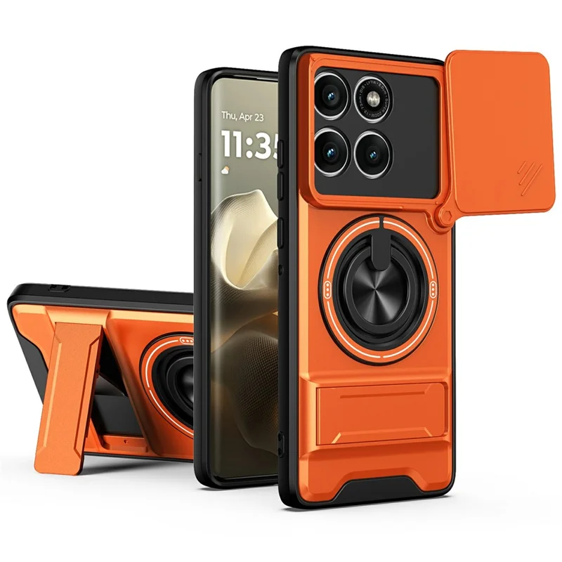 For Motorola Edge 60 Pro 5G Magnetic Case Ring Holder Foldable Kickstand TPU PC Phone Cover with Camera Lens Slider - Orange