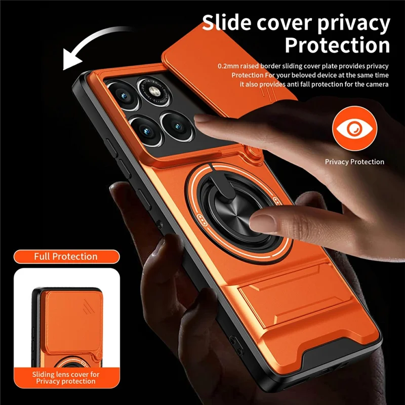 For Motorola Edge 60 Pro 5G Magnetic Case Ring Holder Foldable Kickstand TPU PC Phone Cover with Camera Lens Slider - Orange