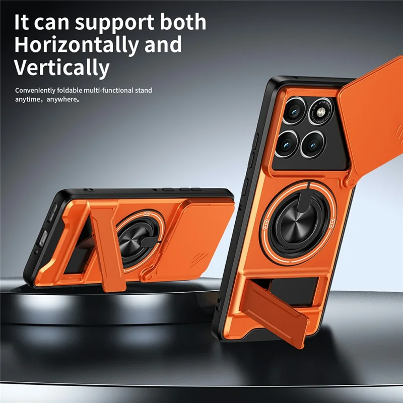For Motorola Edge 60 Pro 5G Magnetic Case Ring Holder Foldable Kickstand TPU PC Phone Cover with Camera Lens Slider - Orange
