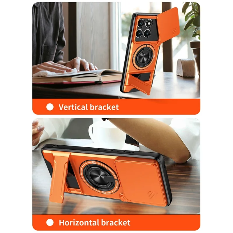 For Motorola Edge 60 Pro 5G Magnetic Case Ring Holder Foldable Kickstand TPU PC Phone Cover with Camera Lens Slider - Orange
