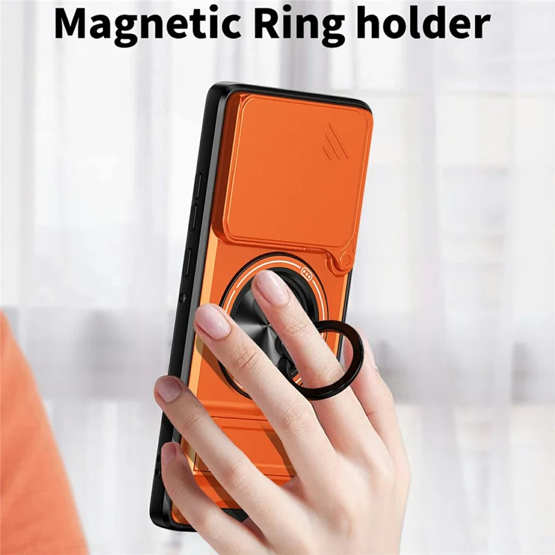 For Motorola Edge 60 Pro 5G Magnetic Case Ring Holder Foldable Kickstand TPU PC Phone Cover with Camera Lens Slider - Orange