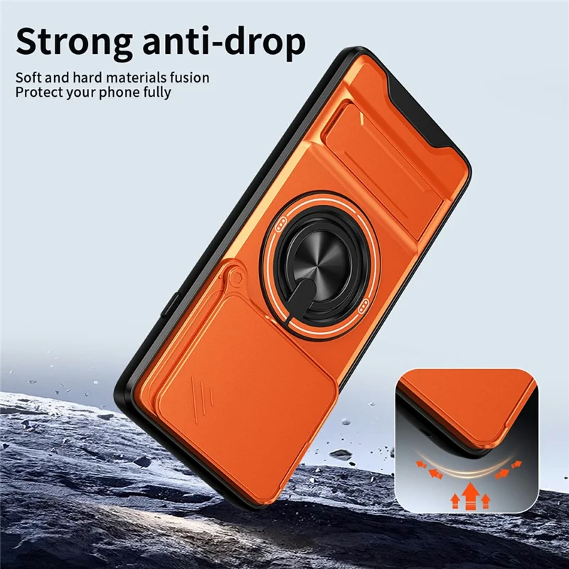 For Motorola Edge 60 Pro 5G Magnetic Case Ring Holder Foldable Kickstand TPU PC Phone Cover with Camera Lens Slider - Orange