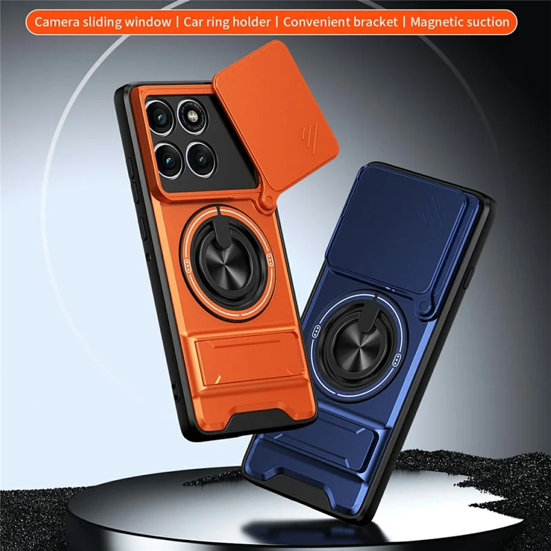 For Motorola Edge 60 Pro 5G Magnetic Case Ring Holder Foldable Kickstand TPU PC Phone Cover with Camera Lens Slider - Orange