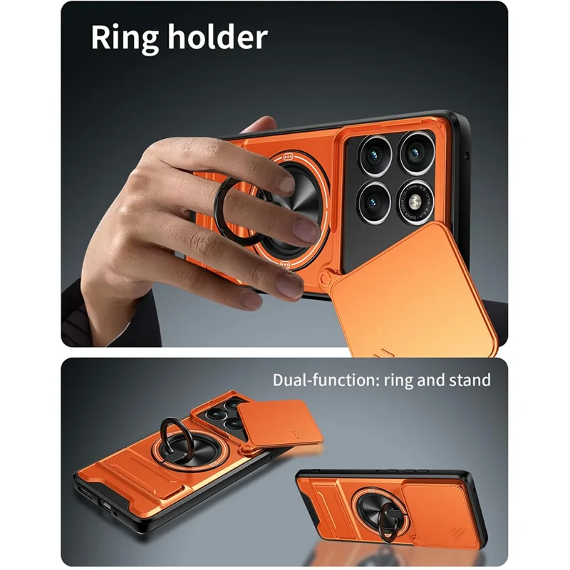 For Motorola Edge 60 Pro 5G Magnetic Case Ring Holder Foldable Kickstand TPU PC Phone Cover with Camera Lens Slider - Orange